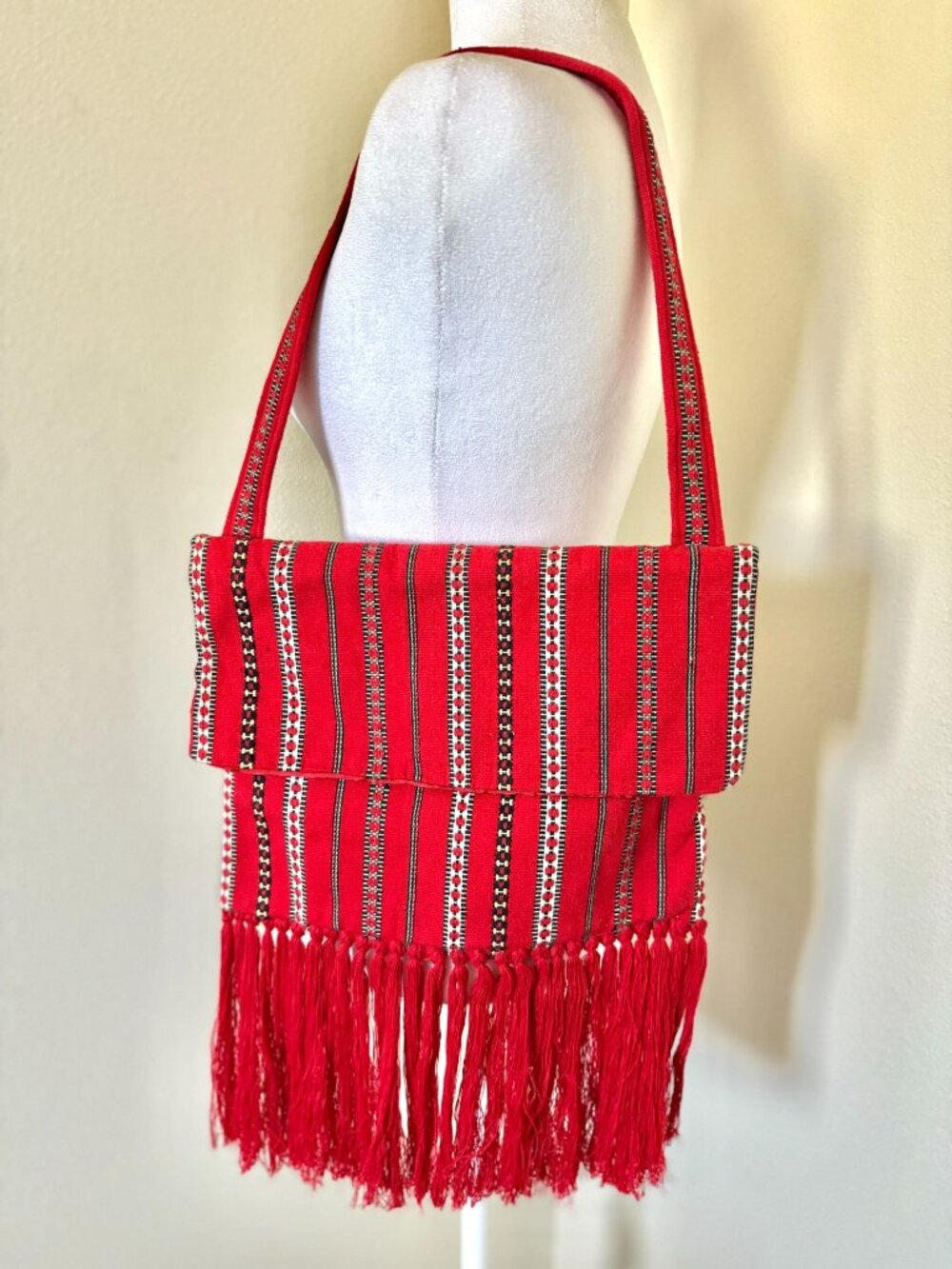 Vintage Mid Century Handmade Shoulder Bag In Red With Fringe Detail And Satin
